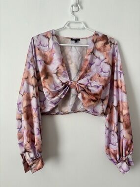 Dynamite Watercolor Satin Knot Front Crop Top Balloon Sleeve Boho tie dye - M